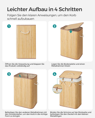 SONGMICS Wäschekorb mit Deckel, 72 L, Wäschekorb aus Bambus, faltbar, mit abnehmbarem waschbarem Beutel, Griffen, für Waschküche, Schlafzimmer, Holzfarbe LCB10Y