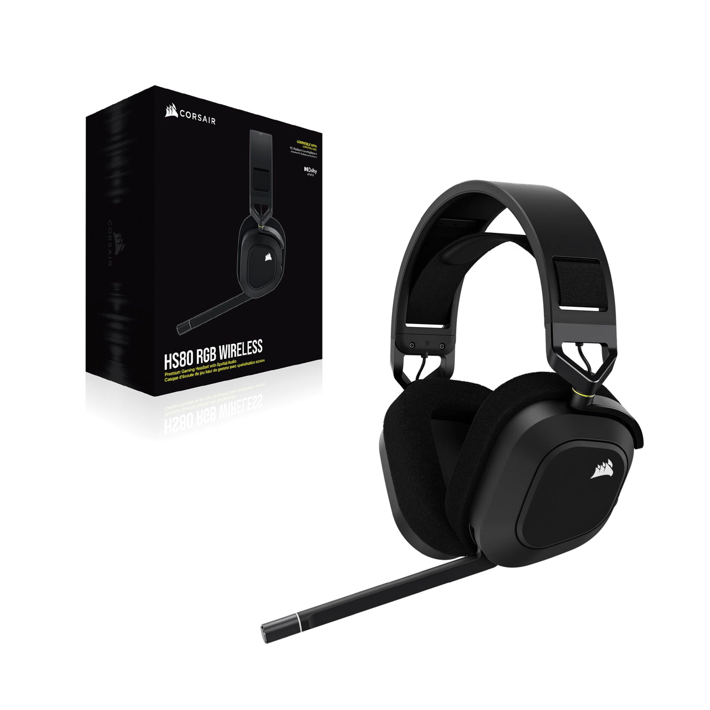 CORSAIR HS80 RGB WIRELESS Multiplattform-Gaming-Headset - Dolby Atmos - Omnidirektionales Mikrofon - iCUE-Kompatibel - PC, Mac, PS5, PS4 - Carbon, Farbe Schwarz