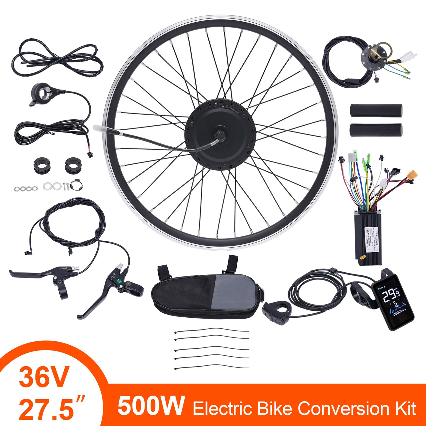SABUIDDS 27.5 Zoll 36V 500W Ebike Vorderrad Umbausatz Kit E-Bike Nachrüstsatz mit HL Plus 36V 13Ah Akku DIY E-Bike LCD Display Electric Bicycle Umbausatz für 24" V-Brake Scheibenbremse Vorderrad Bike