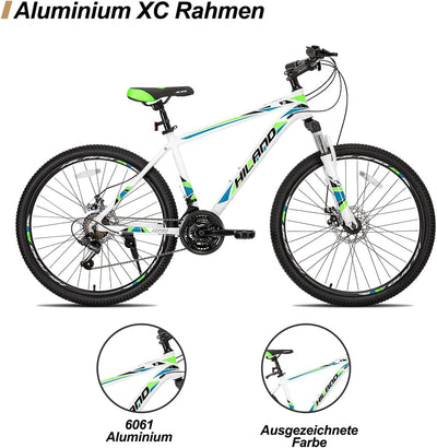 Hiland 26 Zoll Mountainbike 21-Gang MTB Aluminiumrahmen Scheibenbremse Federgabel Jugendliche Fahrrad Herren Damen weiß