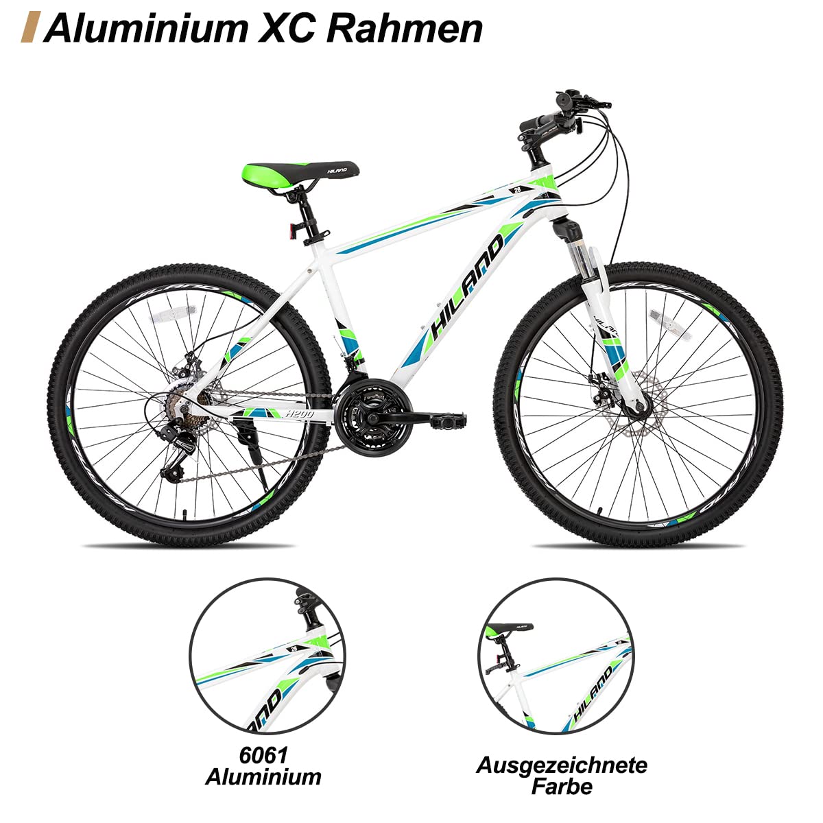 Hiland 26 Zoll Mountainbike 21-Gang MTB Aluminiumrahmen Scheibenbremse Federgabel Jugendliche Fahrrad Herren Damen weiß