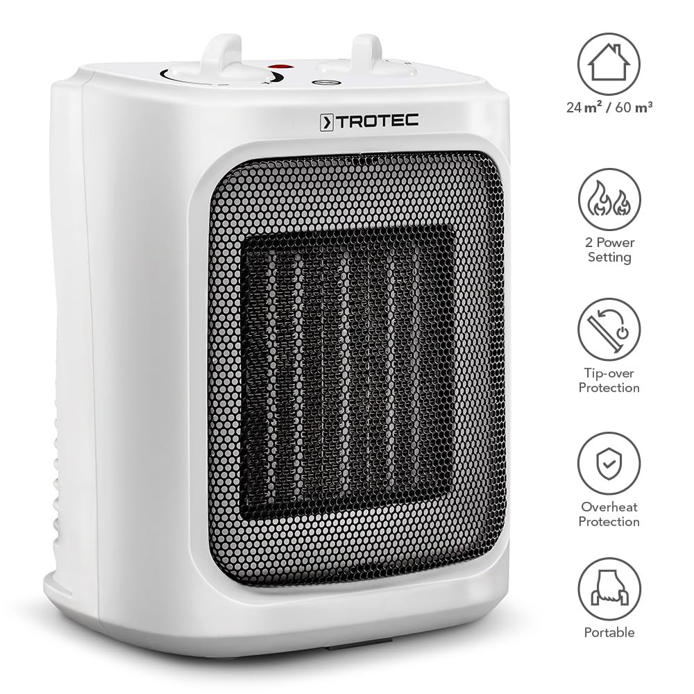 TROTEC Keramik Heizlüfter TFC 16 E – Heizleistung 1200 W / 2000 W – Elektroheizung mit Thermostat, Raumgröße 24 m² bis 60 m³