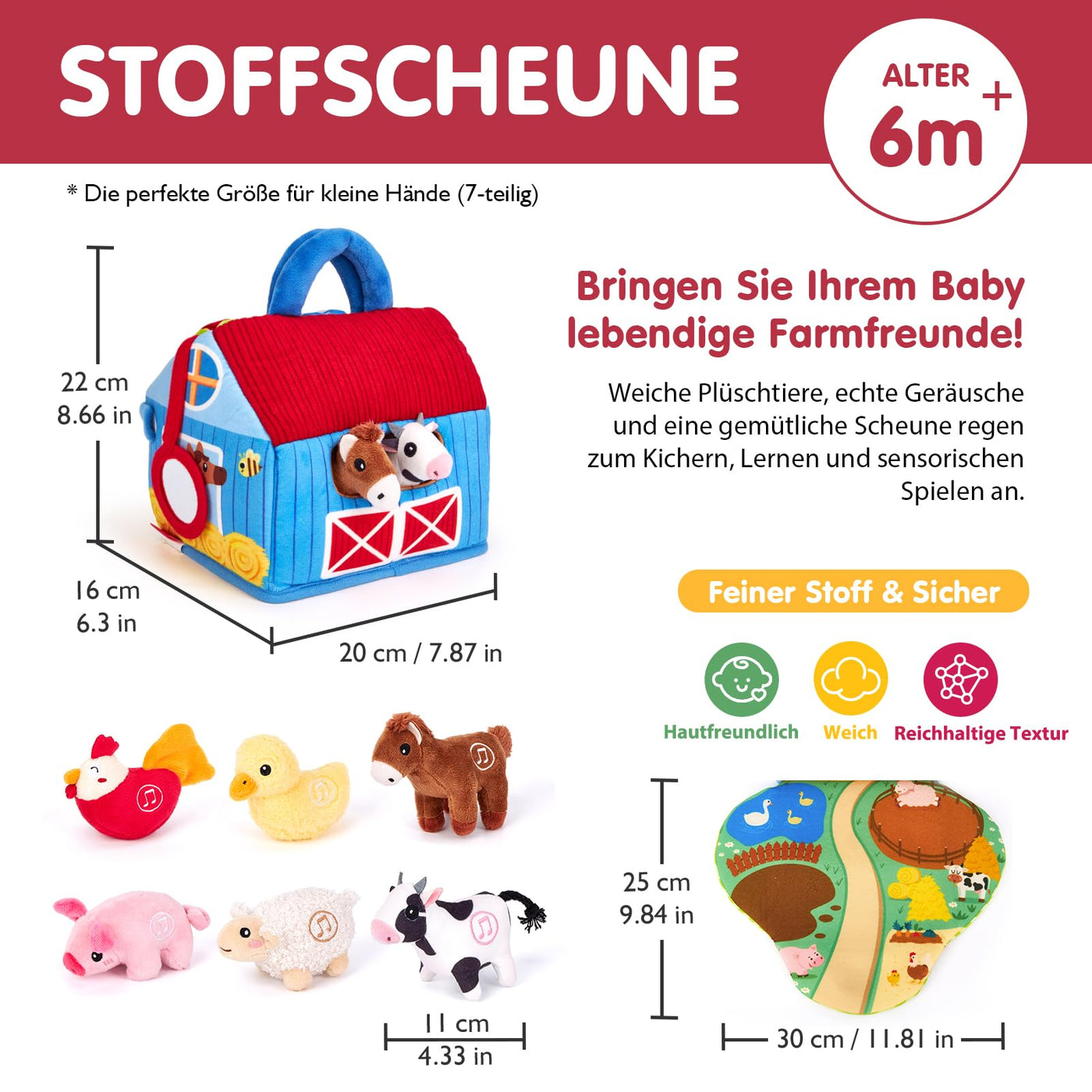 hahaland Bauernhof Baby Spielzeug 6 Monate mit 2-in-1 Scheunen & Spielmatten,7 Sensorik Plüschtiere Set– Macht Tiergeräusche & Spricht Englische Tiernamen,Montessori Baby Geschenk ab 6 7 8 9 10 Monate