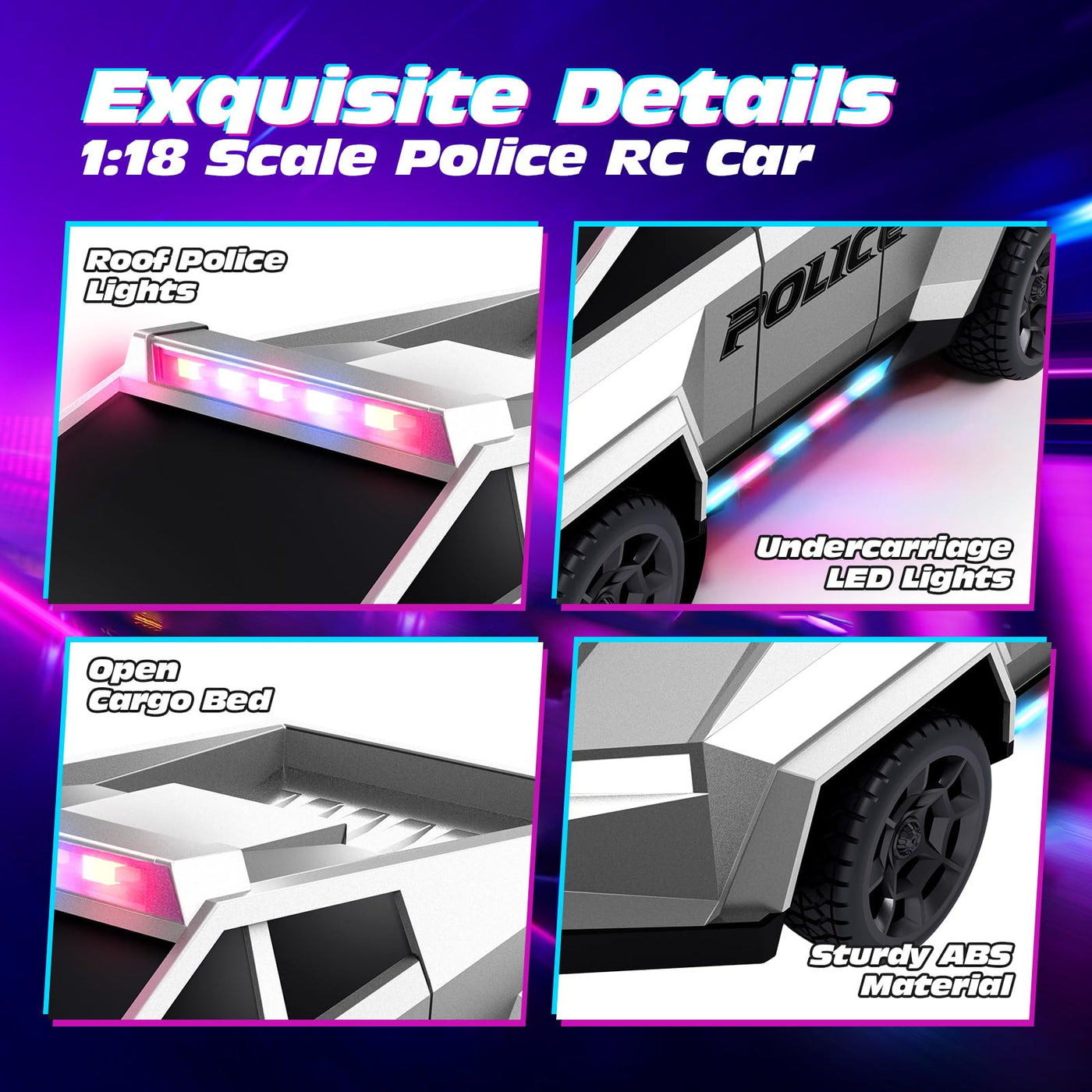 Tecnock Ferngesteuertes Auto für Kinder, 1:18 Maßstab Polizeiauto mit LED-Lichtern, 2 wiederaufladbare Batterien, 2,4GHz All-Terrain RC Auto, Spielzeug Geschenk für Jungen & Mädchen ab 3–12 Jahren+