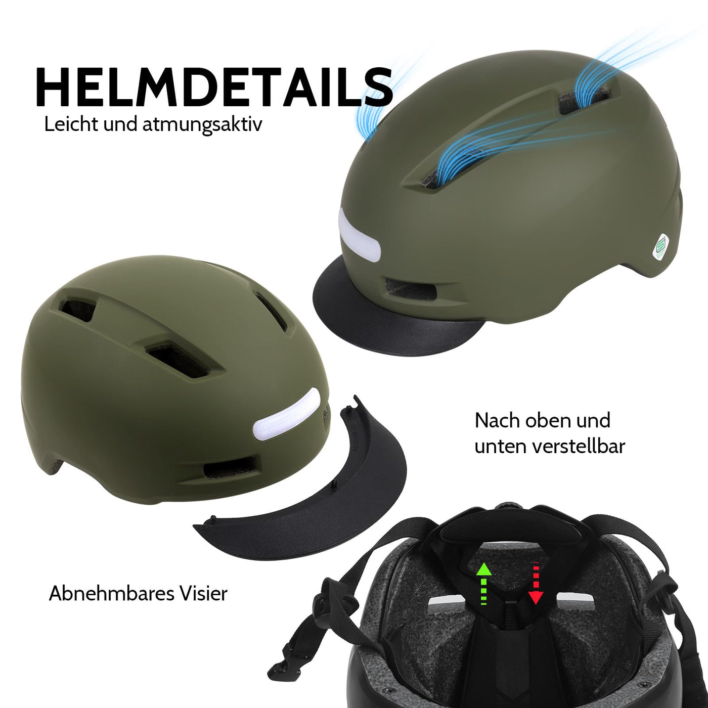 Shinmax Fahrradhelm Herren Damen, Helm Fahrrad mit USB Licht 5 Modi Fahrradhelm mit Visier, Mountainbike Helm Rennradhelm Erwachsen für Scooter Urban Pendler Green M