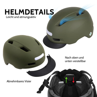 Shinmax Fahrradhelm Herren Damen, Helm Fahrrad mit USB Licht 5 Modi Fahrradhelm mit Visier, Mountainbike Helm Rennradhelm Erwachsen für Scooter Urban Pendler Green M