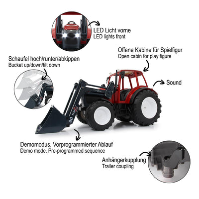 JAMARA 405050 Lindner Geotrac mit Frontlader 1:16 2,4GHz – realistischer Motorsound (abschaltbar), Rückfahrwarnsound, Hupe, 2 Radantrieb, helle LED‘s vorne, Blinker, Demofunktion, Rot
