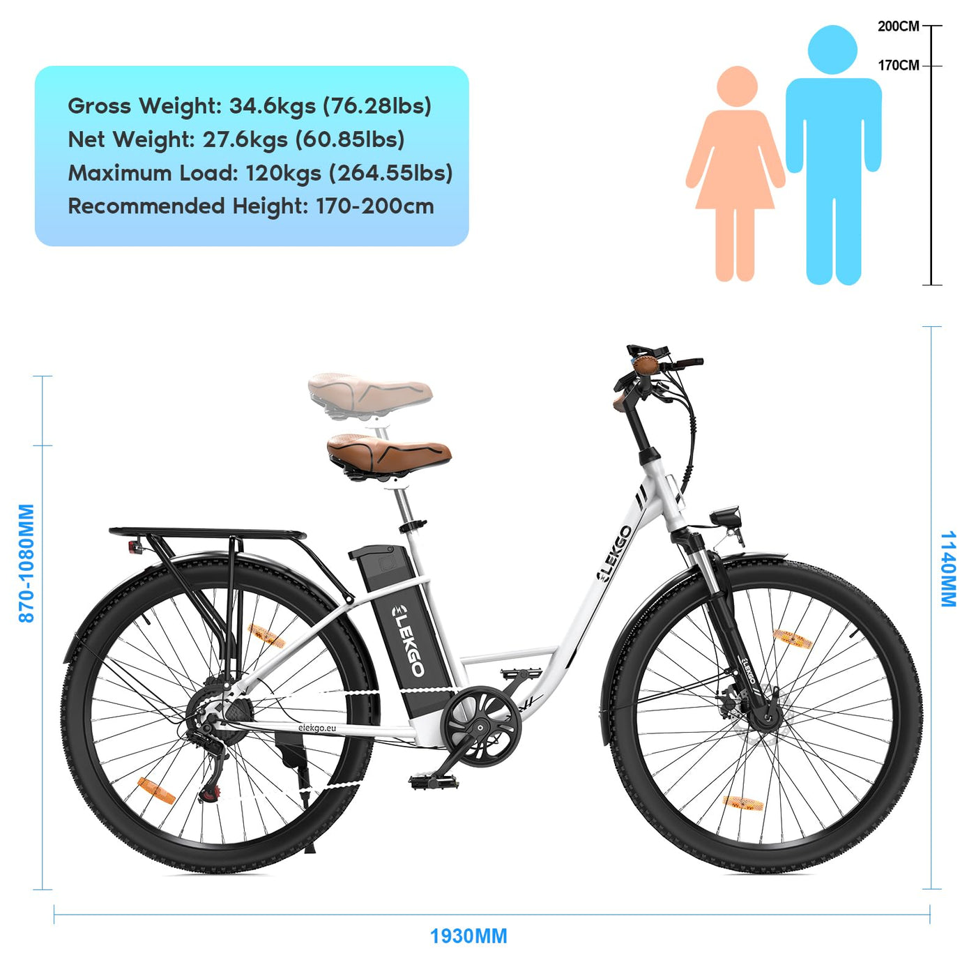 ELEKGO 28 Zoll E-Bike Elektrofahrrad, 7-Gang-Getriebe, 36V Abnehmbarer Akku, City Bike mit Geschwindikeit bis 25km/h，LCD-Display，Ausgestattet mit stoßdämpfenden Gabeln (White)
