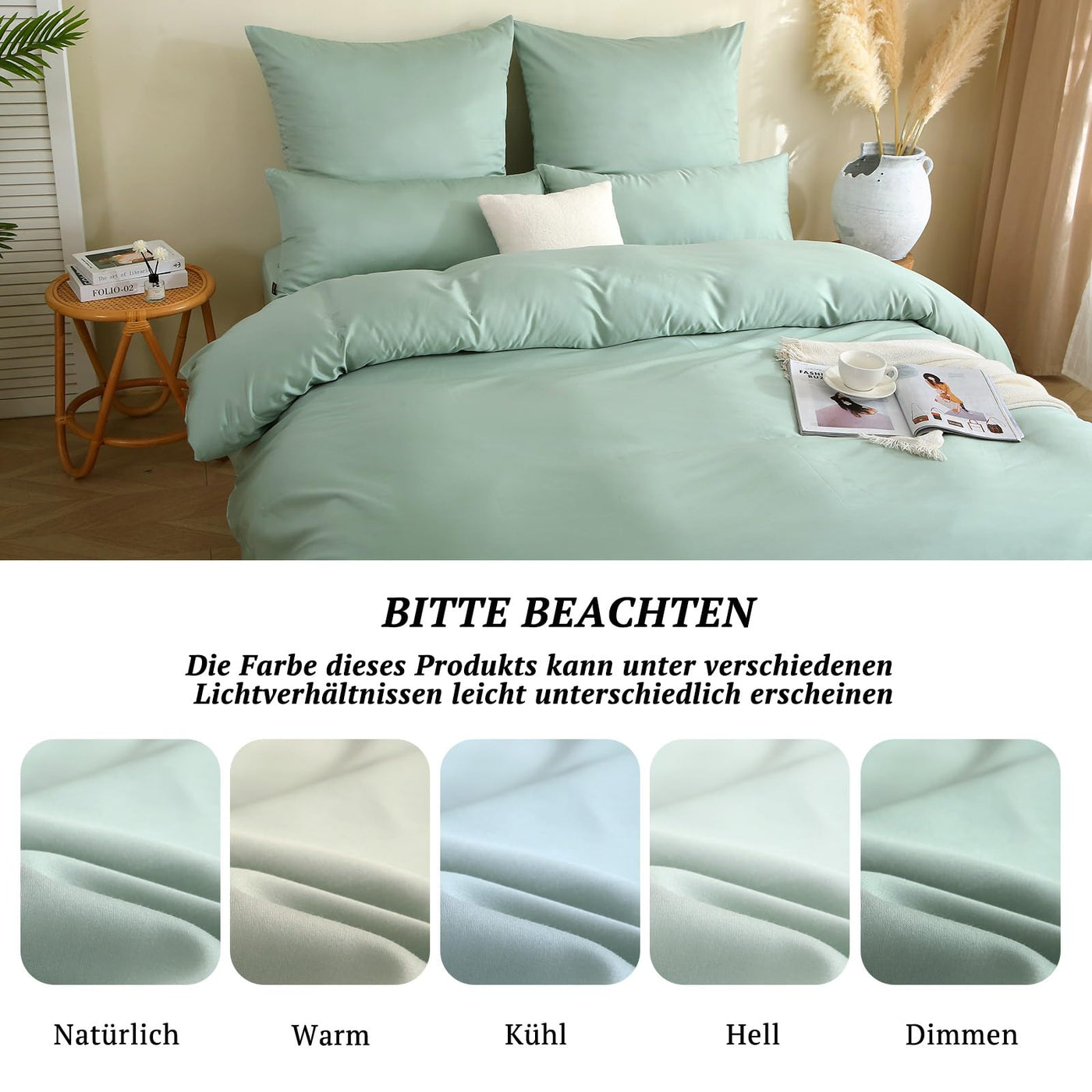 SOULFUL Mako Satin Bettwäsche 135x200, Tencel Baumwolle Bettwäsche-Sets mit Reißverschluss, Oeko-TEX Zertifiziert, Enthält 1 Bettbezug 135x200 und 1 Kissenbezug 80x80, NebelGrün