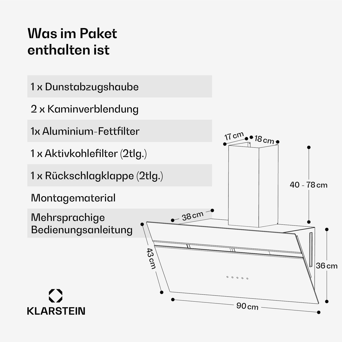 Klarstein Dunstabzugshaube Alina - 90-cm-Wandhaube, 615 m³/h Luftstrom, Energieeffizienzklasse A, LED-Beleuchtung in 9 Farben, Touch-Bedienfeld, Umluftbetrieb, Schwarz
