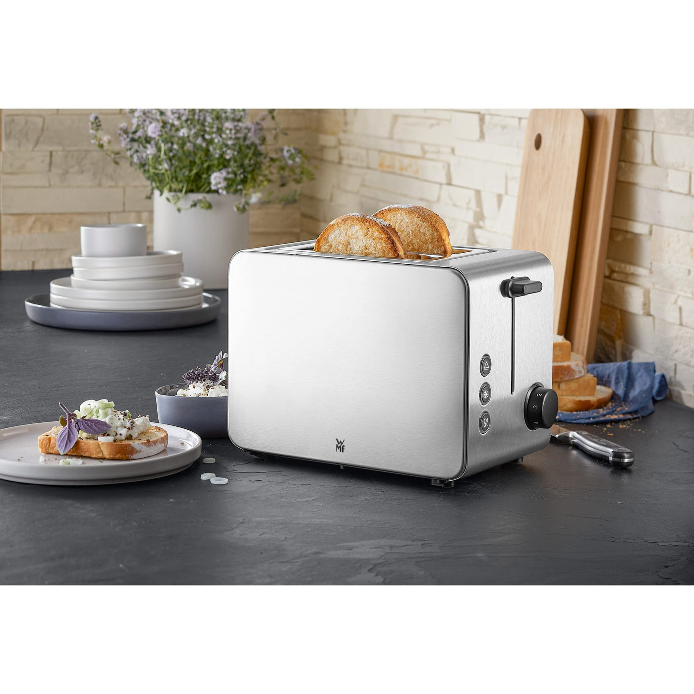 WMF Stelio Toaster 2 Scheiben Edelstahl, Doppelschlitz Toaster mit Brötchenaufsatz, Bagel-Funktion, 7 Bräunungsstufen, 900 W, Toaster edelstahl matt