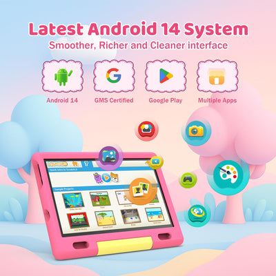 Ainmel Kinder Tablet 10 Zoll Octa-Core Android 14 Tablet für Kinder, 16GB+128GB (1TB TF), Kindersicherung, WiFi 6/Bluetooth 5.3, Widevine L1 mit Kindersicheres Gehäuse -Rosa