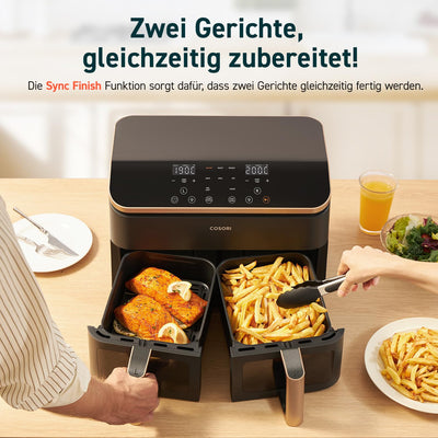 COSORI Heißluftfritteuse 2 Kammern, Testsieger der Stiftung Warentest, 6-in-1 Dual Zone Airfryer 8,5 L, Doppelkammer mit Sichtfenster für vollständige Mahlzeit, Gold