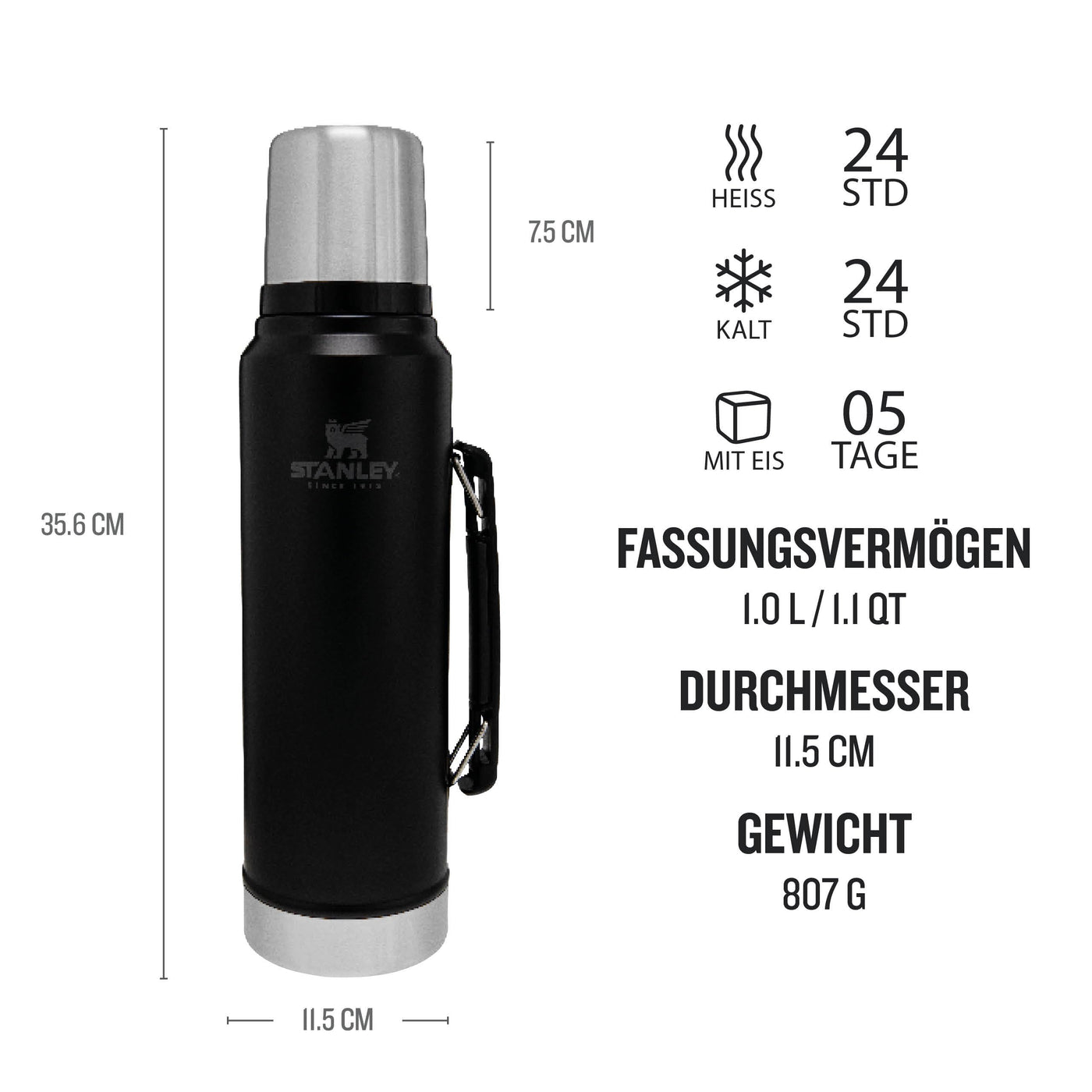Stanley Classic Legendary Thermosflasche 1L - Thermos Hält 24 Stunden Heiß oder Kalt - Edelstahl Thermoskanne - BPA-Frei - Spülmaschinenfest - Matte Black