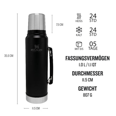 Stanley Classic Legendary Thermosflasche 1L - Thermos Hält 24 Stunden Heiß oder Kalt - Edelstahl Thermoskanne - BPA-Frei - Spülmaschinenfest - Matte Black