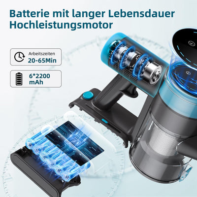 Quilted Northern 45KPa/550W/65Mins Akku Staubsauger, 1.5L Staubsauger Kabellos mit LED Touchscreen/Anti-Tangle-Bürste, Stabstaubsauger mit 4 Staubsaugerköpfe, für Hartböden/Teppich/Tierhaare