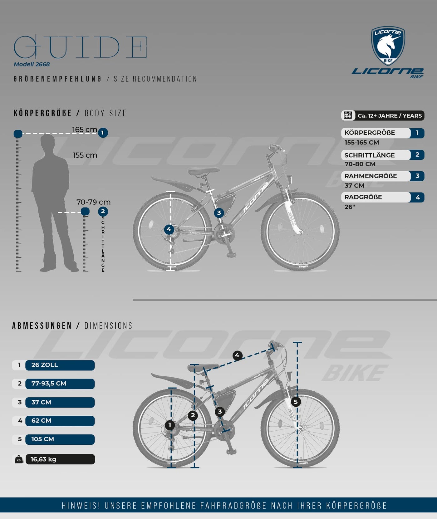 Licorne Bike Guide Premium Mountainbike in 20, 24, 26, 27.5 und 29 Zoll Fahrrad für Mädchen Jungen Herren und Damen (26 Zoll, Schwarz/Blau/Lime)