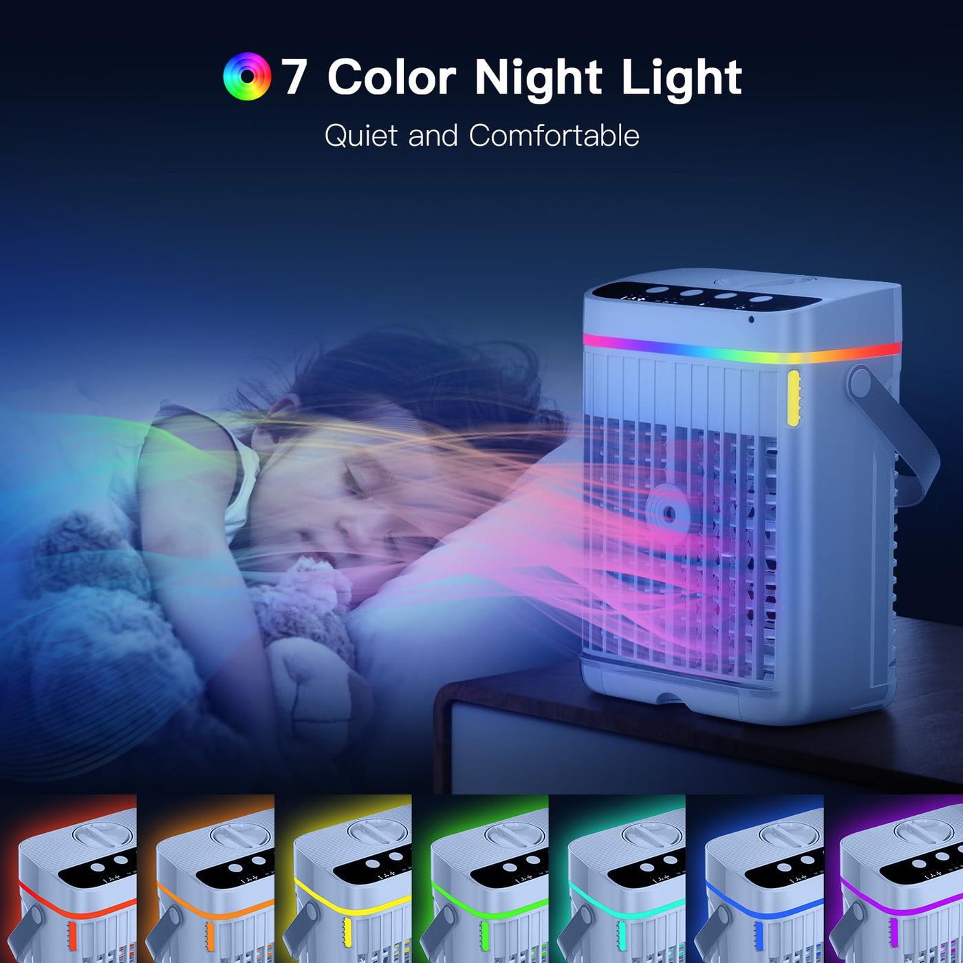Mobile Klimaanlage, 4 in 1 Mobiles Klimagerät mit Kühlen Nebel, Klimaanlage Mobil ohne Abluftschlauch Luftkühler Mini mit 3 Stufen & 7 Farben Nachtlicht, Tragbarer Air Conditioner für Zuhause/Büro