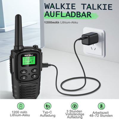 MaxTalker MT10 Walkie Talkie Aufladbar für Erwachsene Kinder Funkgeräte, 1200mAh Li-Ion Batterie, USB-C Kabel, LED Taschenlampe, VOX Funkgeräte für Wandern und Camping,4er Set