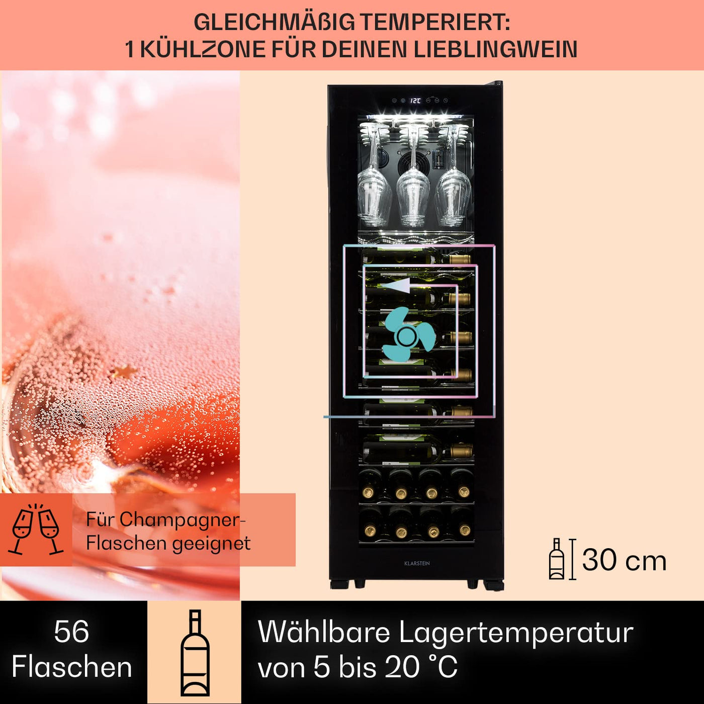 Klarstein Weinkühlschrank, Getränkekühlschrank Schmal, 1 Zone Kühlschrank mit Glastür, Getränkekühlschränke Freistehend, Weinkühlschrank Klein, Weinkühlschränke mit UV-Schutz, 5-20 °C, 56 Flaschen