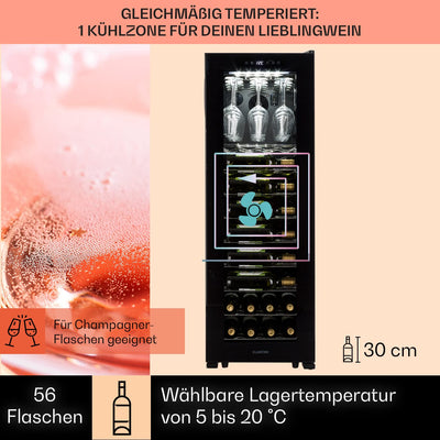 Klarstein Weinkühlschrank, Getränkekühlschrank Schmal, 1 Zone Kühlschrank mit Glastür, Getränkekühlschränke Freistehend, Weinkühlschrank Klein, Weinkühlschränke mit UV-Schutz, 5-20 °C, 56 Flaschen