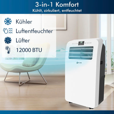 KLIM AC12000 | Leistungsstarke und Leise Mobile Klimaanlage mit 12.000 BTU + NEU 2024 + mit Integrierter Entfeuchtungsfunktion, Ventilator und Kühlmodus + Fernbedienung + 5 JAHRE SCHUTZ