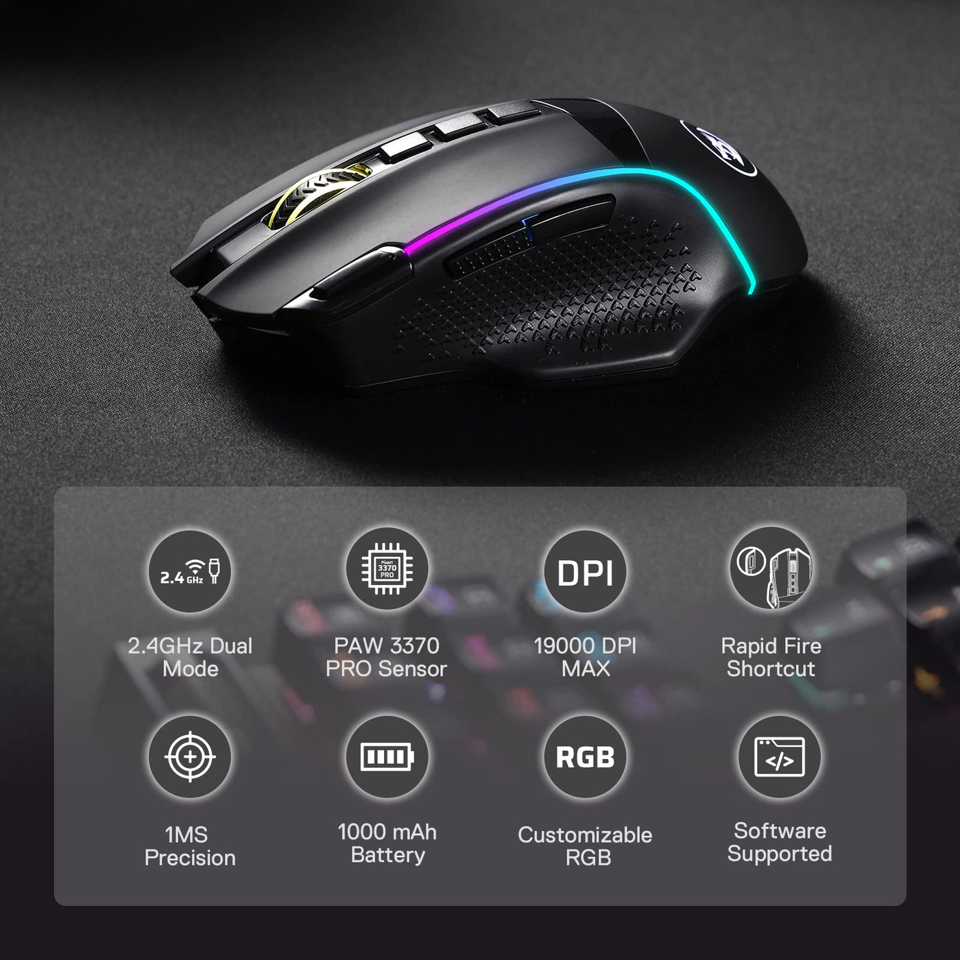 Redragon M991 kabellose Gaming-Maus, 19000 DPI kabelgebundene/drahtlose Maus mit Schnellfeuertaste, 9 Makro-Tasten, 45-Stunden-Dauerleistung und RGB-Hintergrundbeleuchtung für PC/Mac/Laptop