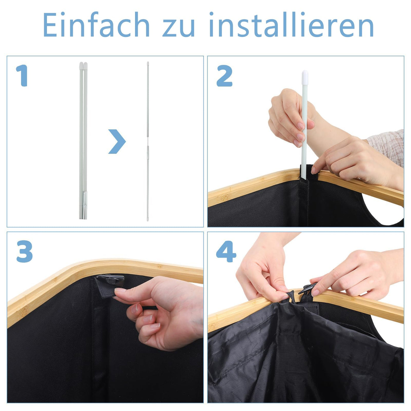 Wäschekorb -100L Waschbarer und hygienischer Groß Wäschesammler schmal mit herausnehmbarem Wäschesack-Wäschekorb mit Deckel & Bambusrand - Wäscheboxen - waschkorb (Schwarz)