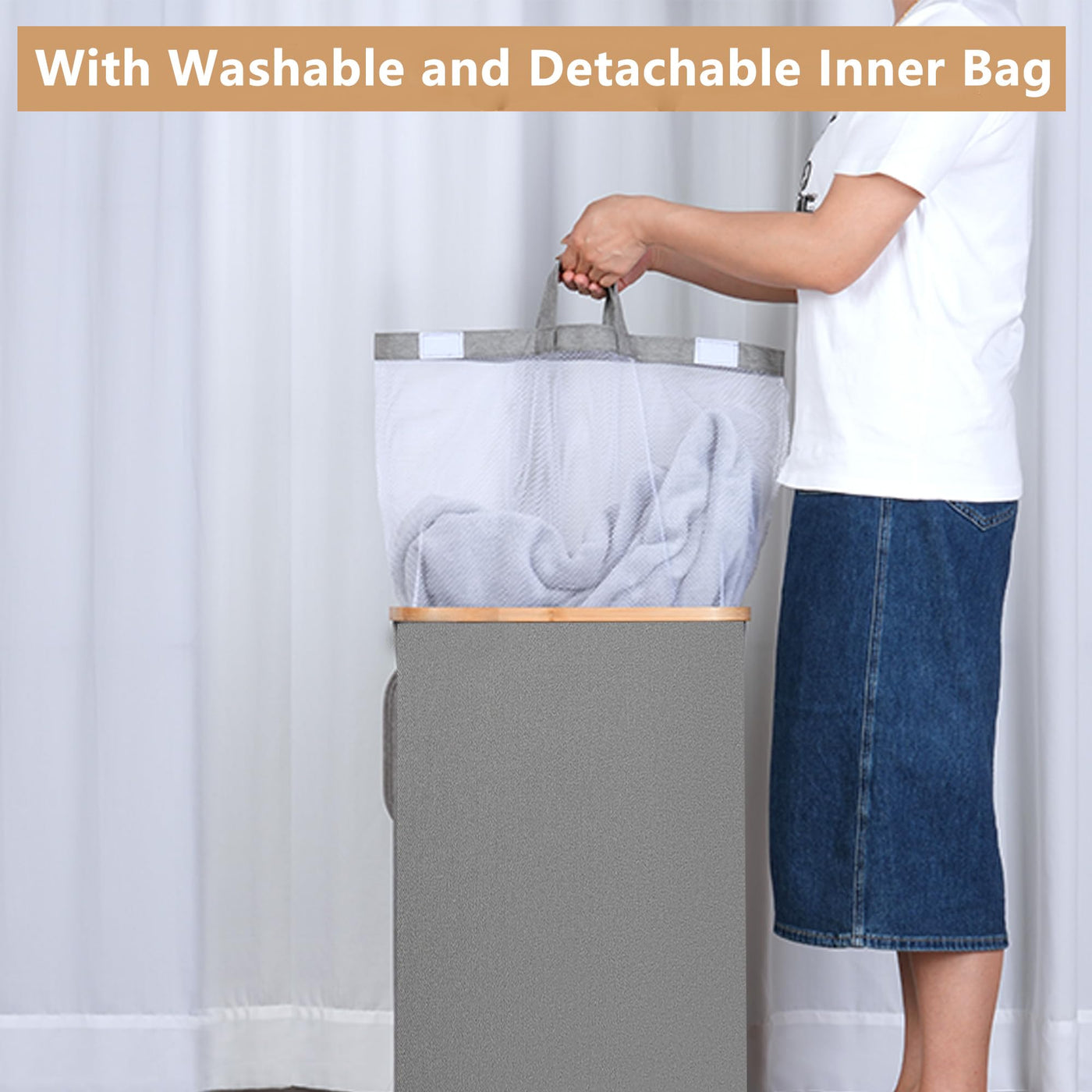 iEGrow Wäschekorb mit Rollen 75L, Wäschesammler Schmal mit Herausnehmbarer und Waschbarer Innentasche, Laundry Baskets Wäschekörbe mit Deckel für Kleidung, Spielzeug, Handtücher (Grau)