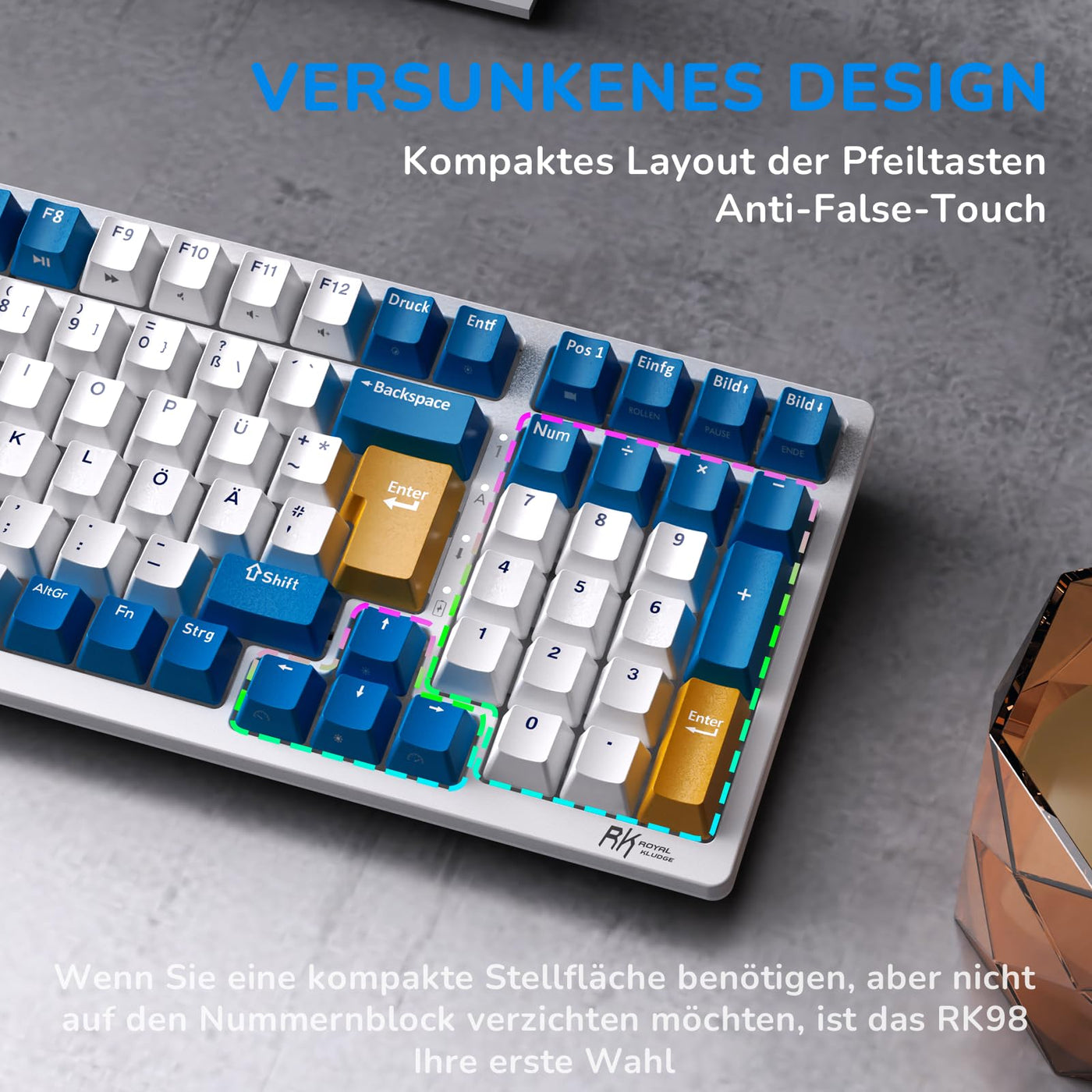 RK ROYAL KLUDGE RK98 Mechanische Tastatur Kabellose Gaming Tastatur 2.4G/Bluetooth 5.1/USB-C RGB Hinterleuchtet Deutsches Layout QWERTZ 100 Tasten Hot Swappable Braune Schalter, Weiß