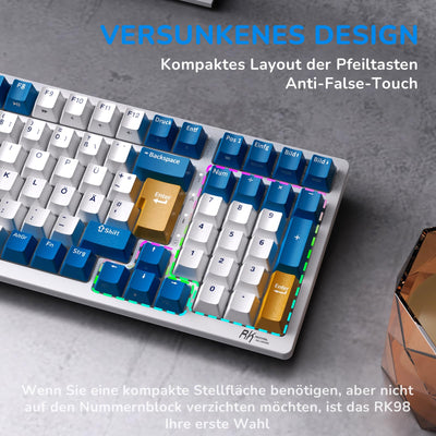 RK ROYAL KLUDGE RK98 Mechanische Tastatur Kabellose Gaming Tastatur 2.4G/Bluetooth 5.1/USB-C RGB Hinterleuchtet Deutsches Layout QWERTZ 100 Tasten Hot Swappable Braune Schalter, Weiß