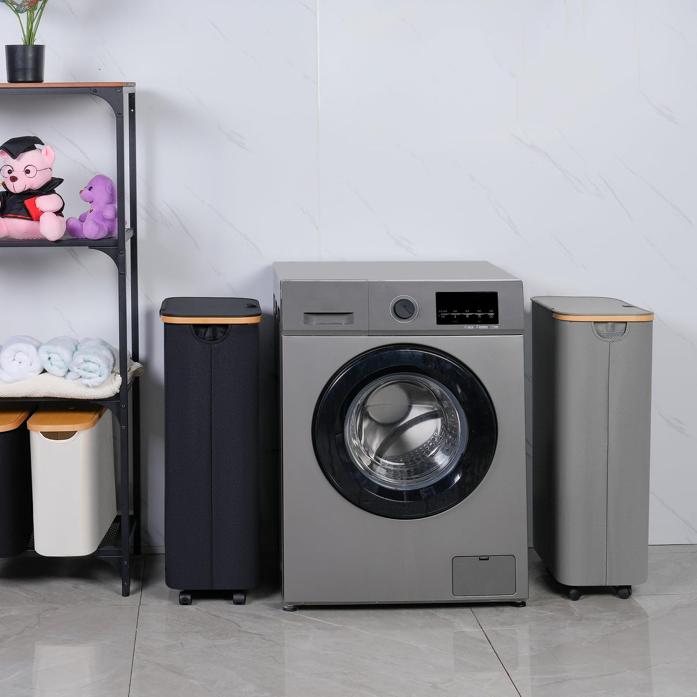 iEGrow Wäschekorb mit Rollen 75L, Wäschesammler Schmal mit Herausnehmbarer und Waschbarer Innentasche, Laundry Baskets Wäschekörbe mit Deckel für Kleidung, Spielzeug, Handtücher (Grau)