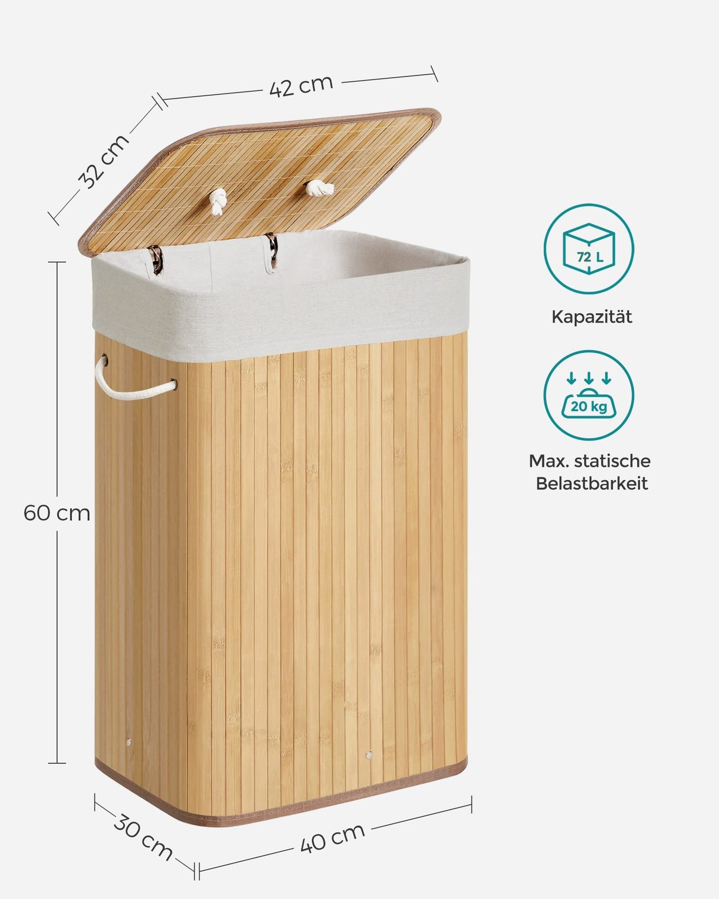 SONGMICS Wäschekorb mit Deckel, 72 L, Wäschekorb aus Bambus, faltbar, mit abnehmbarem waschbarem Beutel, Griffen, für Waschküche, Schlafzimmer, Holzfarbe LCB10Y