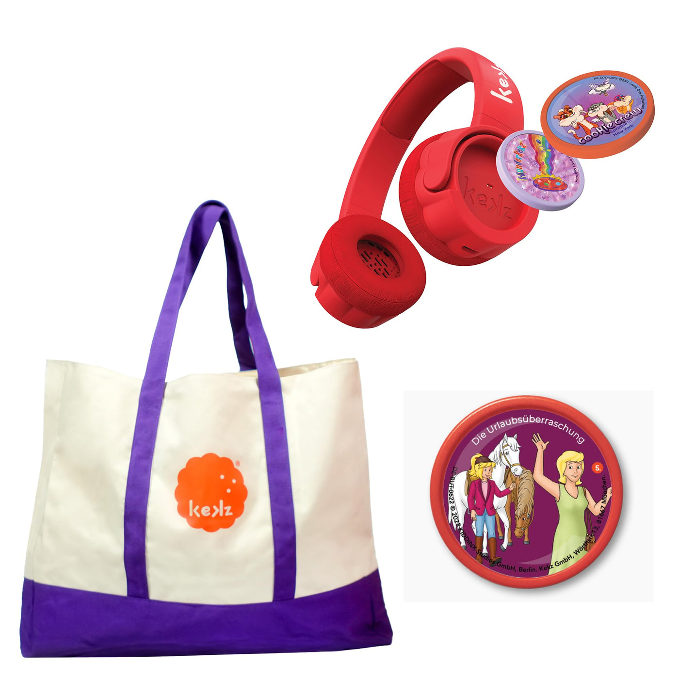 Kekz Starterset Premium: Kekzhörer Rot, exkl. bei Amazon mit Bibi & Tina- Die Urlaubsüberraschung Audiochip + stilvoller Strandtasche (für Strandurlaub, Frei- und Hallenbad), Kopfhörer für Kinder