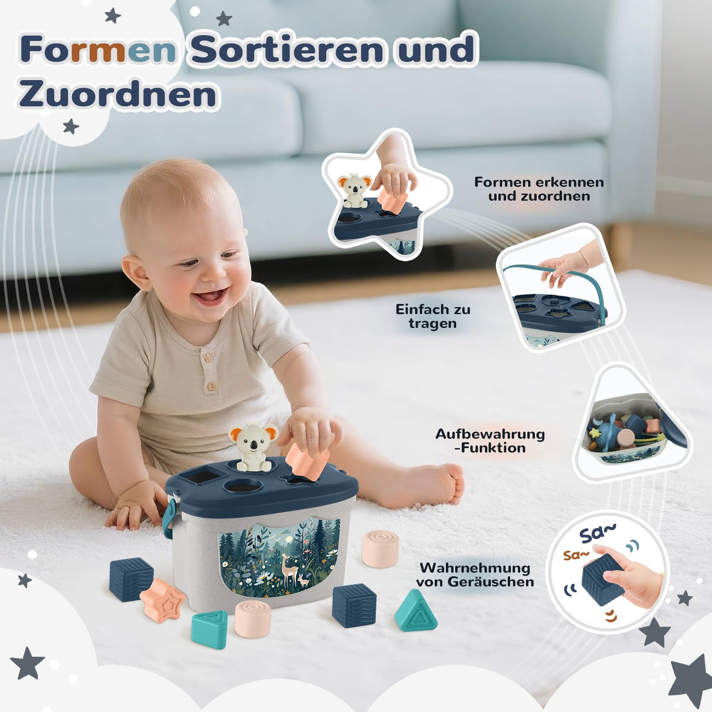 Almaxi Baby Spielzeug ab 6 Monate,5 in 1 Montessori Spielzeug Baby,Motorikspielzeug mit Formensortier- und Stapelspielzeug,Xylophon,Silikon Zugschnur Spielzeug,Stapelbecher,Geschenk Junge Mädchen