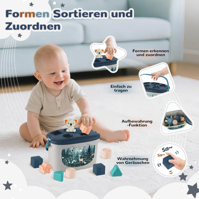 Almaxi Baby Spielzeug ab 6 Monate,5 in 1 Montessori Spielzeug Baby,Motorikspielzeug mit Formensortier- und Stapelspielzeug,Xylophon,Silikon Zugschnur Spielzeug,Stapelbecher,Geschenk Junge Mädchen