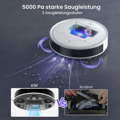 OKP Saugroboter, 5000Pa Staubsauger Roboter mit Präzise Entfernungsnavigation, 180Mins, HEPA-Filter, WLAN Roboterstaubsauger, Ideal für Tierhaare, Teppiche, Hartböden K5P