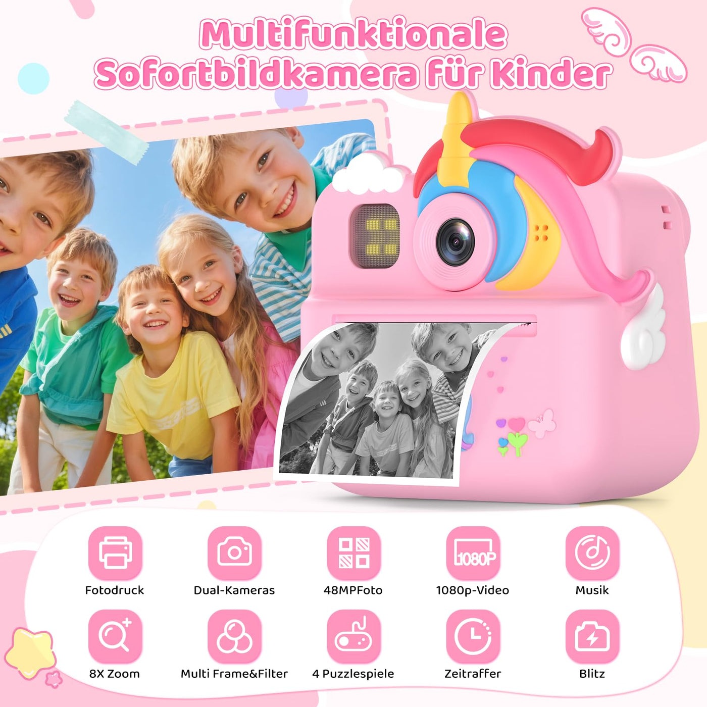 Fippesax Sofortbildkamera Kinder, 1080P HD Kinderkamera mit 32-GB-Karte, 48MP Selfie Kinderkamera Sofortbildkamera, Kinderspielzeug Einhorn Geschenke für Mädchen & Jungen von 3-12 Jahren