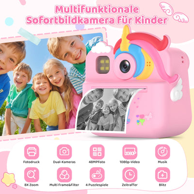 Fippesax Sofortbildkamera Kinder, 1080P HD Kinderkamera mit 32-GB-Karte, 48MP Selfie Kinderkamera Sofortbildkamera, Kinderspielzeug Einhorn Geschenke für Mädchen & Jungen von 3-12 Jahren