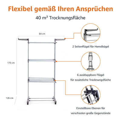 Amazon Basics Turm-Wäscheständer für innen mit faltbaren Flügeln, Garten, Grau, 126 x 64 x 173 cm (L x W x H)