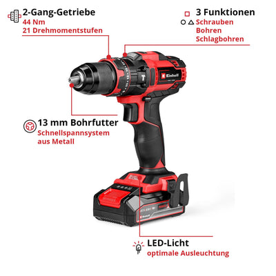 Einhell Akku-Schlagbohrschrauber TE-CD 18/44 Li-i (1x2,5Ah) Power X-Change (18 V, 44 Nm, Schlagbohrfunktion, 13 mm Metallbohrfutter, 2-Gang, inkl. 2,5 Ah Akku & Ladegerät)