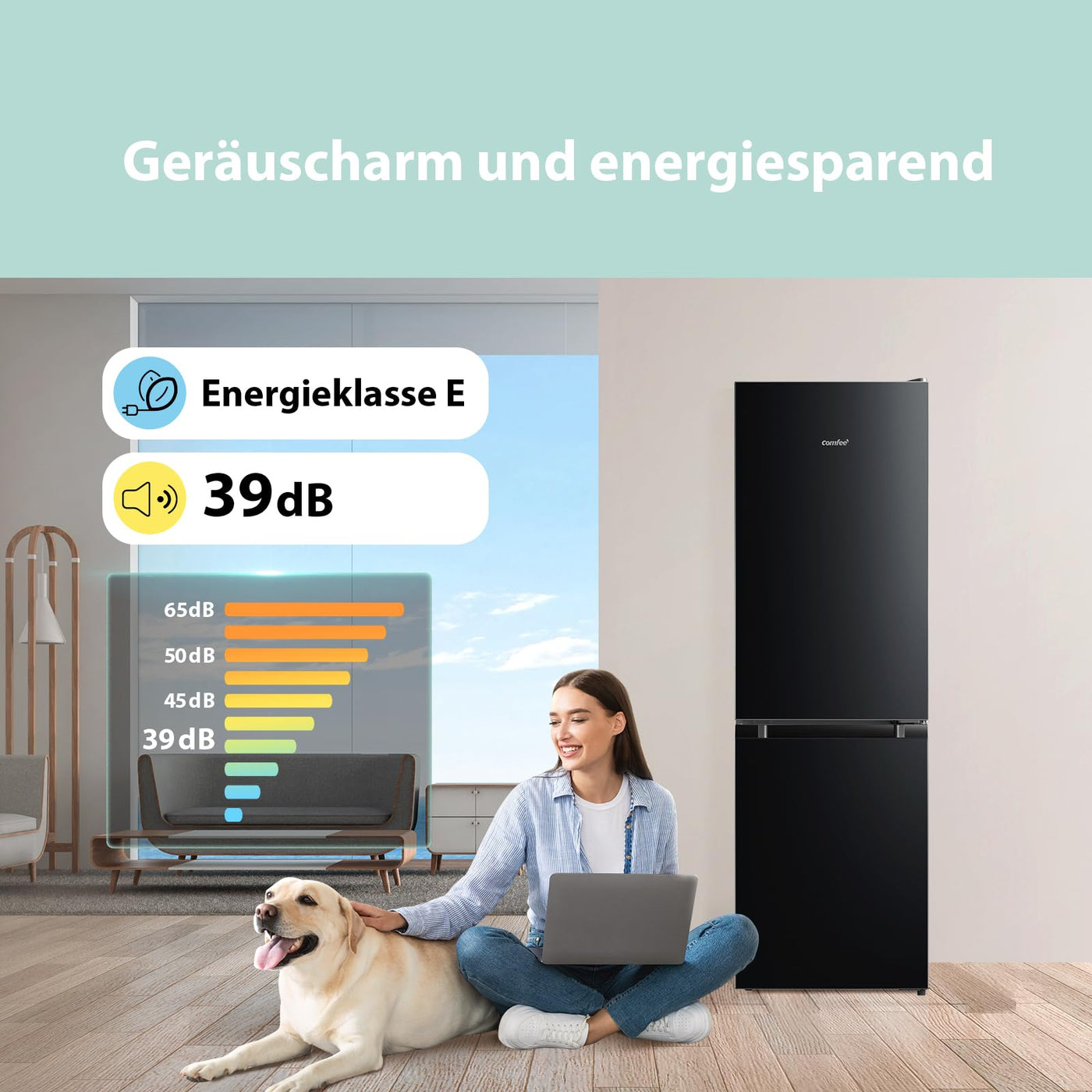 Comfee RCB169DK2(E) Kühl-/Gefrierkombination/150 cm Höhe/Low Frost/Einstellbare Kühlschranktemperatur/LED-Licht/195 kWh/Jahr/115L Kühlteil/59L Gefrierteil/Schwarz