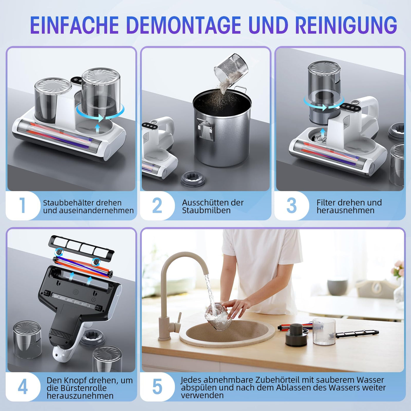 JPHYLL Milbensauger für Matratzen Milbenstaubsauger mit UV-Licht 16Kpa Bürstenrolle Ultraschall HEPA Filter Heißer Wind Funktion Matratzensauger zur Entfernung von Staubmilben Allergenen 500W Weiß