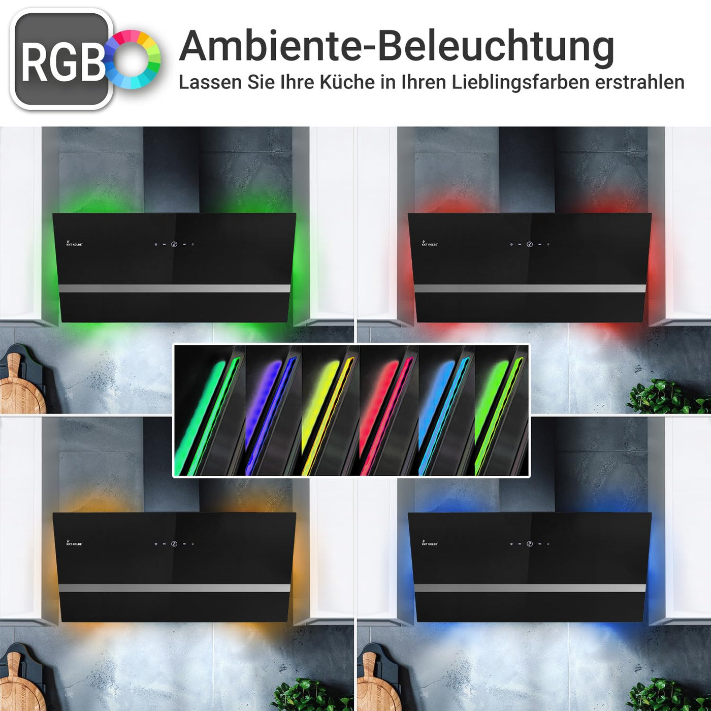 KKT KOLBE Dunstabzugshaube 90 cm | Wandhaube Kopffrei | Schwarz Glas | Smart WiFi App | Nachlaufautomatik | RGBW-LED | WLAN | SensorTouch Bedienung | EASY909SHCM