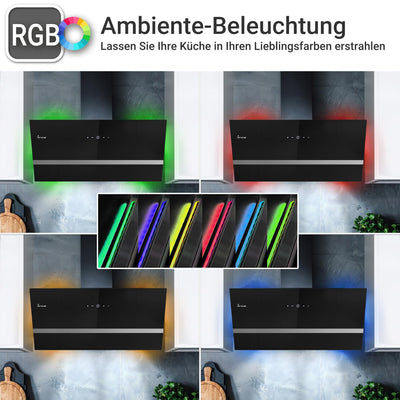 KKT KOLBE Dunstabzugshaube 90 cm | Wandhaube Kopffrei | Schwarz Glas | Smart WiFi App | Nachlaufautomatik | RGBW-LED | WLAN | SensorTouch Bedienung | EASY909SHCM
