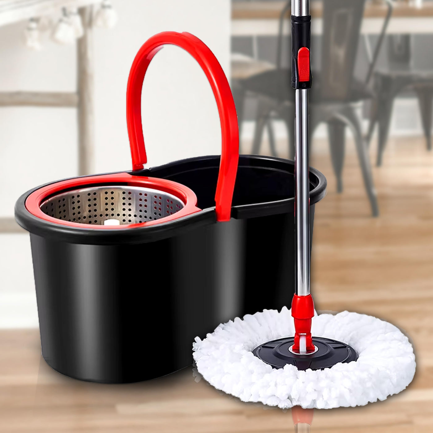 Retoo Wischmopp Komplett Set, Bodenwischer mit Teleskopstiel 94-120 cm, Mikrofaser Moppkopf mit Kraftfasern und Eimer mit Powerschleuder, schnell und reinigungsstark