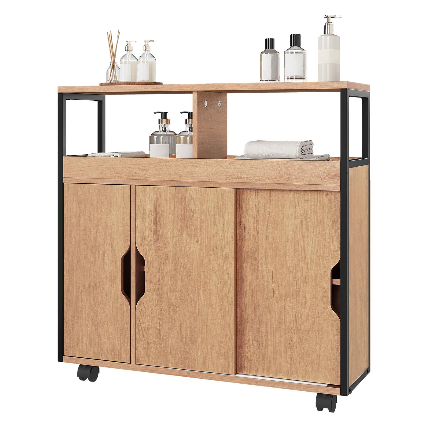 EUGAD Badezimmerschrank, Nischenschrank schmal, Badschrank mit 2 offenen Fächern, Verstellbarer Ablage, Schiebetüren, Nischenregal mit Rollen, 70x70x20 cm, schwarz helle Eiche