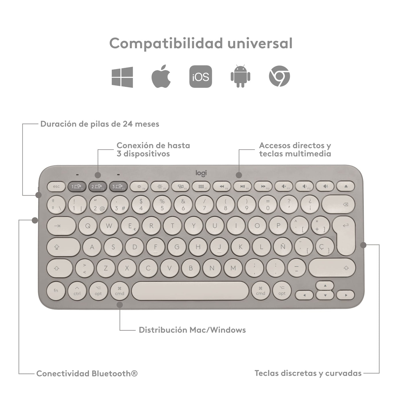 Logitech K380 Multi-Device Bluetooth Wireless Keyboard, Spanisches QWERTY - Sand