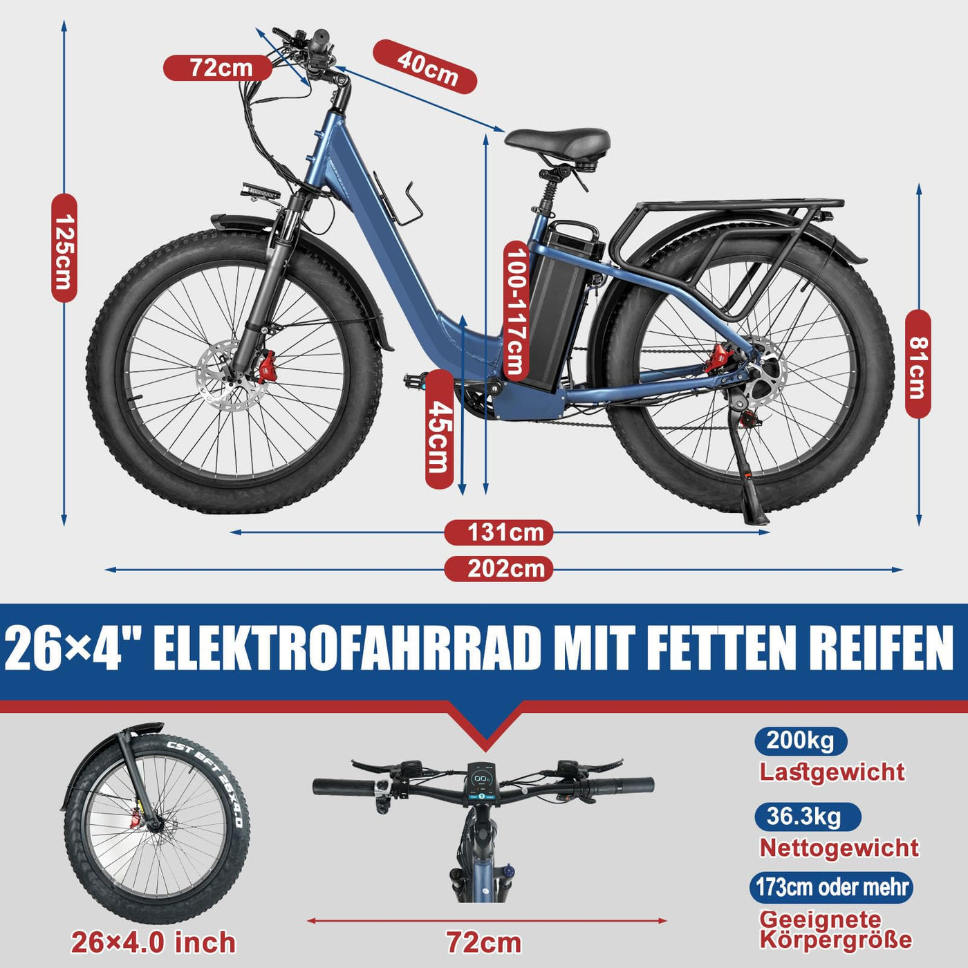 Skivogr E Bike Herren Damen, 30A/1440Wh Akku Elektrofahrrad, E Fatbike mit 26" x 4.0 Tire, City E-Bike mit 250W Motor, Elektro Fahrrad Mountainbike(Höhe über 173 cm, Tragfähigkeit 200 kg)