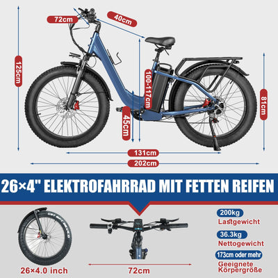 Skivogr E Bike Herren Damen, 30A/1440Wh Akku Elektrofahrrad, E Fatbike mit 26" x 4.0 Tire, City E-Bike mit 250W Motor, Elektro Fahrrad Mountainbike(Höhe über 173 cm, Tragfähigkeit 200 kg)